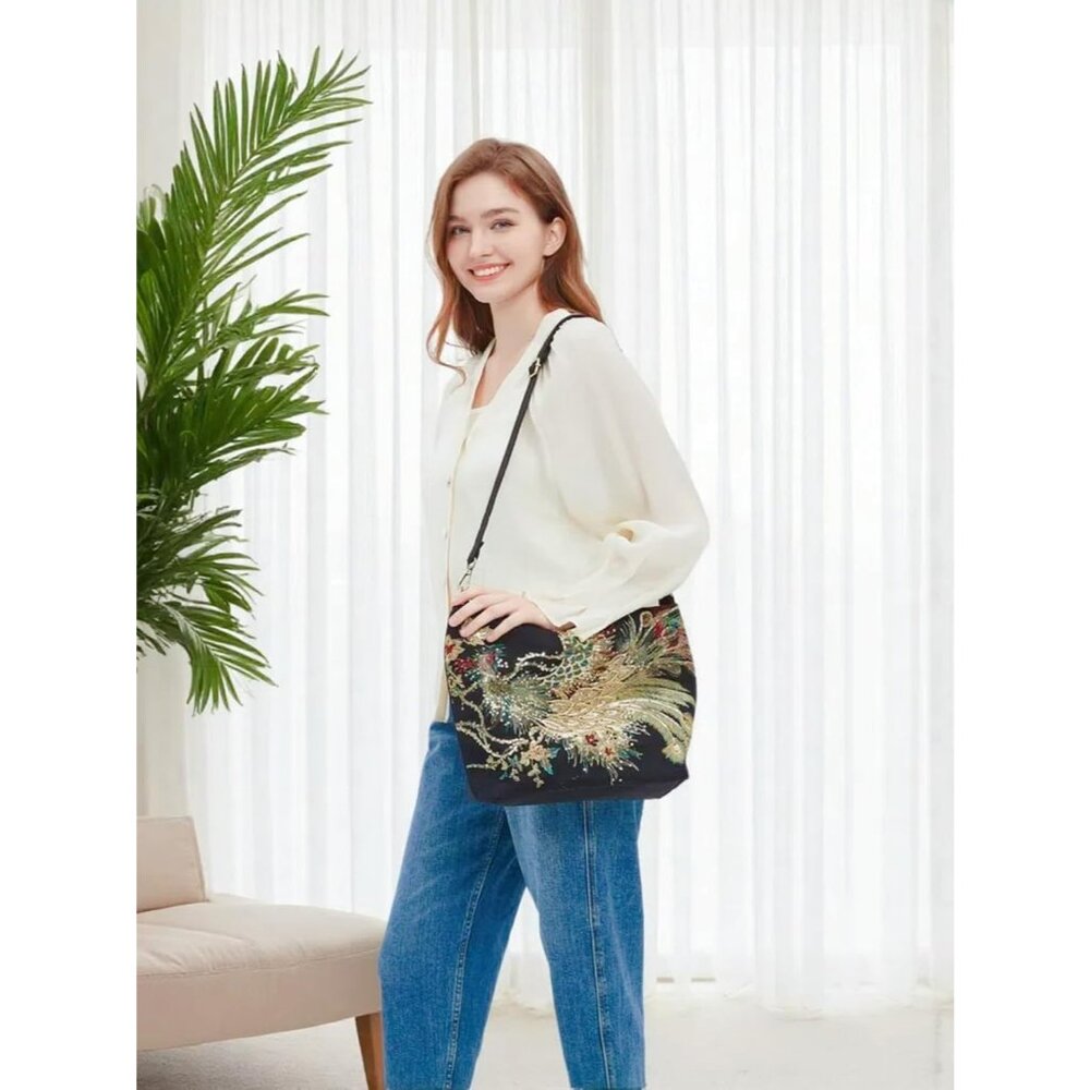 Women's Sequin Embroidery Bird Small Canvas Stylish Casual Shoulder Bags - Picture 3 of 6